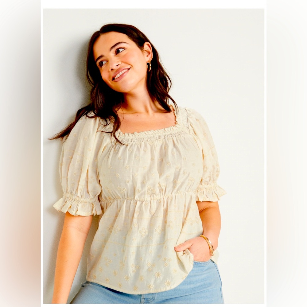 Puff-Sleeve Smocked Babydoll Blouse cream L NWT peasant top shirt spring